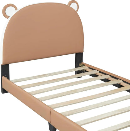 Twin Kids Upholstered Bed Frame with Bear-Shaped Headboard, Fun Wood Platfrom Bed for Boys,Girls, No Box Spring Need