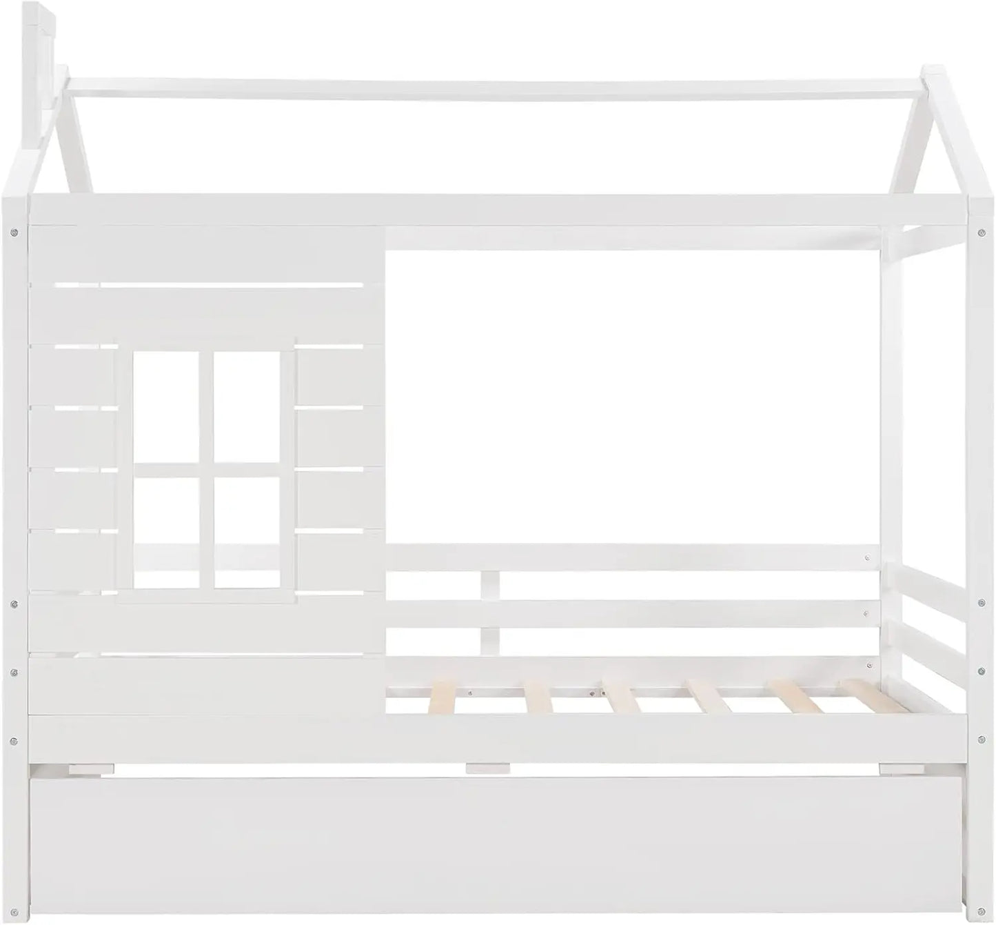 Cama nido de tamaño doble, estructura de madera con ventana y techo para niños, niñas y niños, color blanco