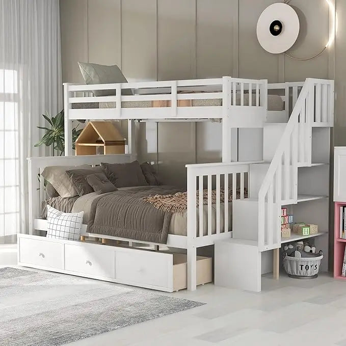 Litera doble sobre cama matrimonial con escaleras y cajones de almacenamiento, estructura de litera con escalera de madera noble para niños, adolescentes y adultos, dormitorio, dormitorio