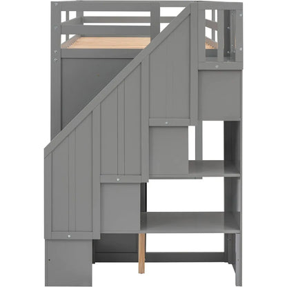 Wood Twin Loft Bed with Stairs, 2 Drawers and 3 Shelves, High Loft Bed Frame with Wardrobe, No Box Spring Needed Children Beds