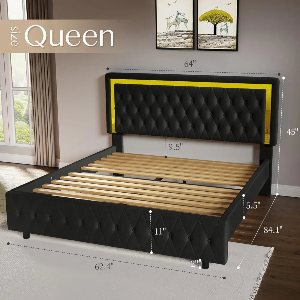 Cadre de lit Queen avec tête de lit et pied de lit à lumières LED, cadre de lit plateforme Queen Size rembourré en velours, aucun sommier nécessaire/noir