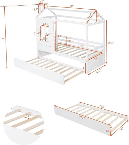 Twin Size House Bed With Twin Size Trundle, Wood Bed Frames With Window And Roof For Kids Girls Boys, White