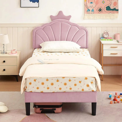 Twin Size Bed Frame Upholstered with Headboard, Strong Platform with Crown for Kids Girls, Wooden Slats Support