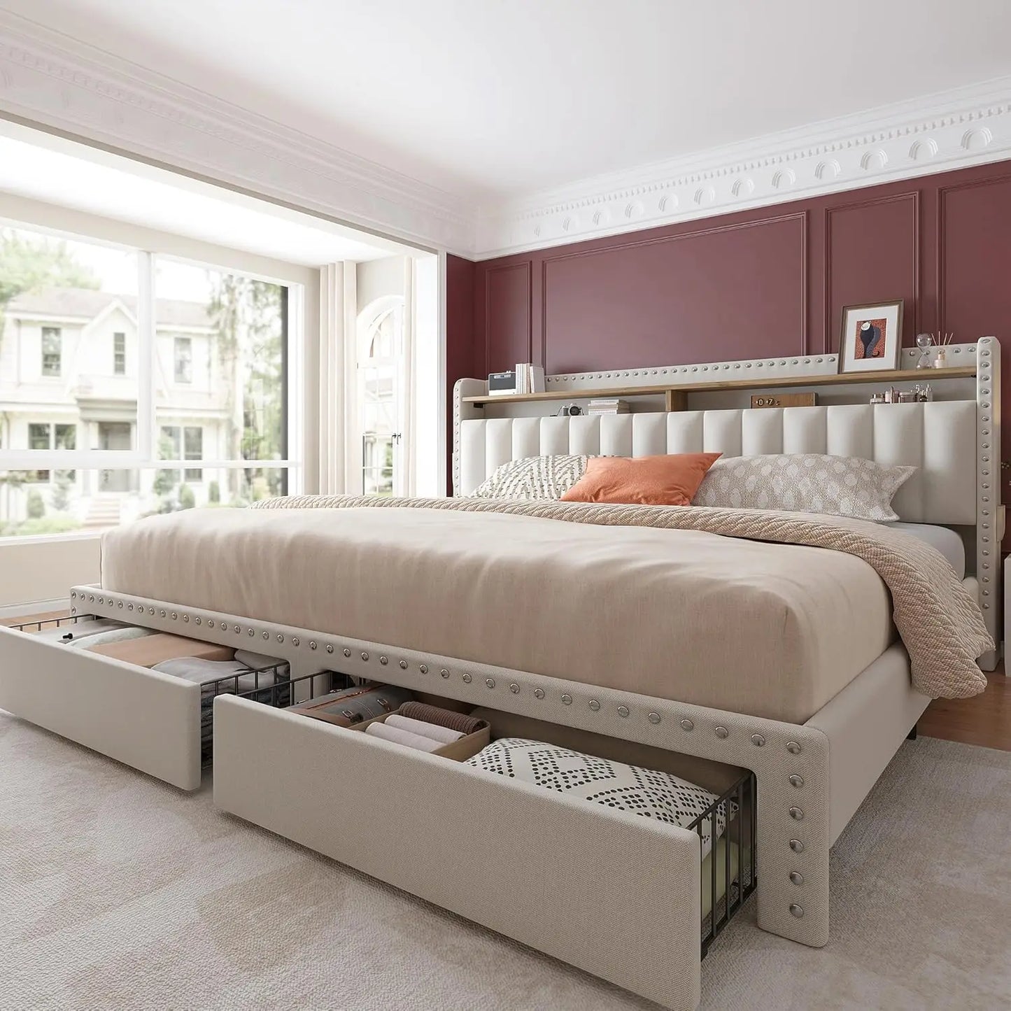 King size bed frame with storage space and headboard, king size bed frame with 2 drawers, noiseless and no need for a spring box