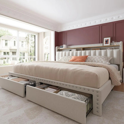 King size bed frame with storage space and headboard, king size bed frame with 2 drawers, noiseless and no need for a spring box