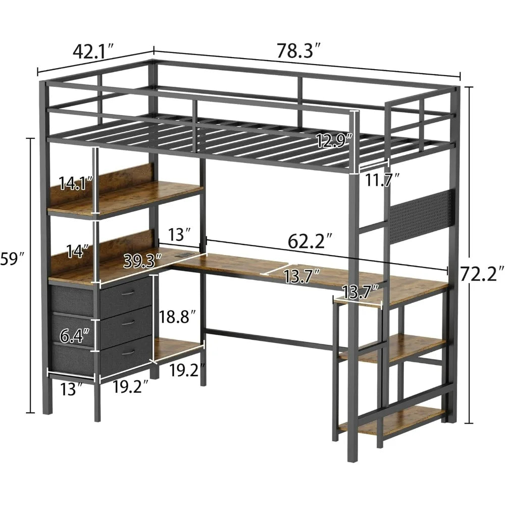 Lit mezzanine avec bureau, lit mezzanine en métal pour deux personnes avec lumières LED et station de charge, 6 étagères de rangement et 3 tiroirs en tissu, lits