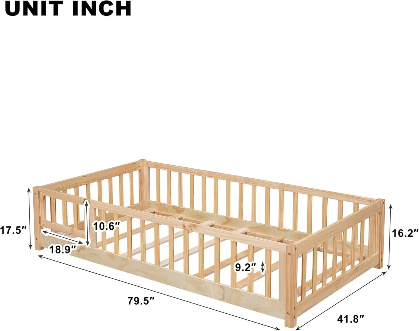 Twin Size Floor Bed with Door and Fence for Kids, Montessori Floor Bed with Slats and Safety Guardrails,Solid Wood Twin Bed