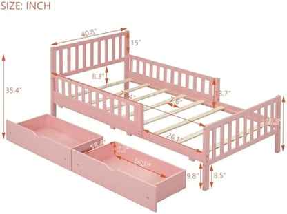 Marco de cama doble para niños, cama doble de madera con cajones de almacenamiento, cama doble con almacenamiento y barandillas en ambos lados