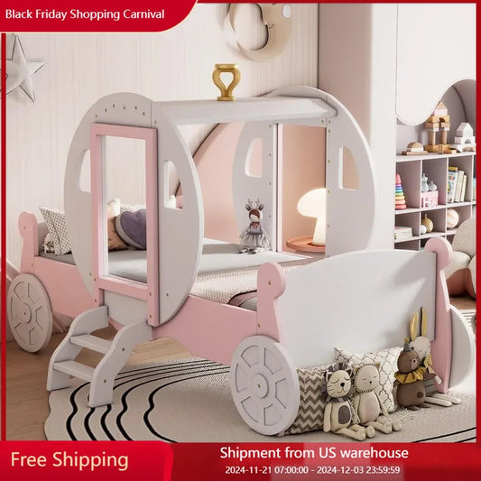 Twin Size Princess Carriage Bed Frame for Boys Girls Kids Toddler with Crown,Wood Platform Car Bed with Stair Children Furniture