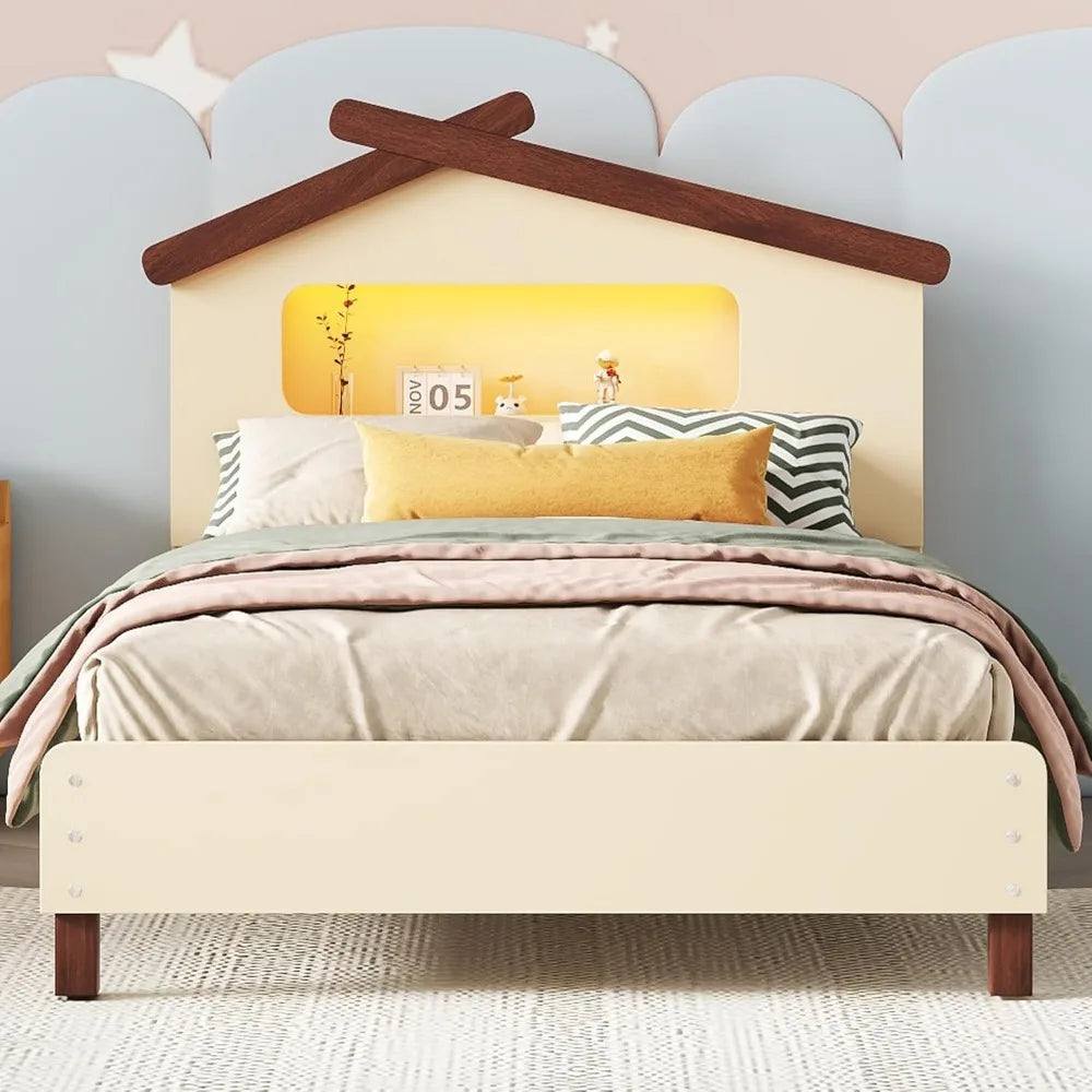 Twin Size Cream Wood Kids Bed Frame, House-Shaped Headboard with Motion Activated Night Lights, Sturdy Construction