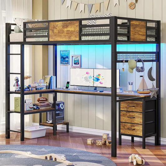 Loft Bed Twin Size with L-Shaped Desk, LED Lights,Charging Station, Twin Metal Loft Bed Frame with Fabric Drawers & She