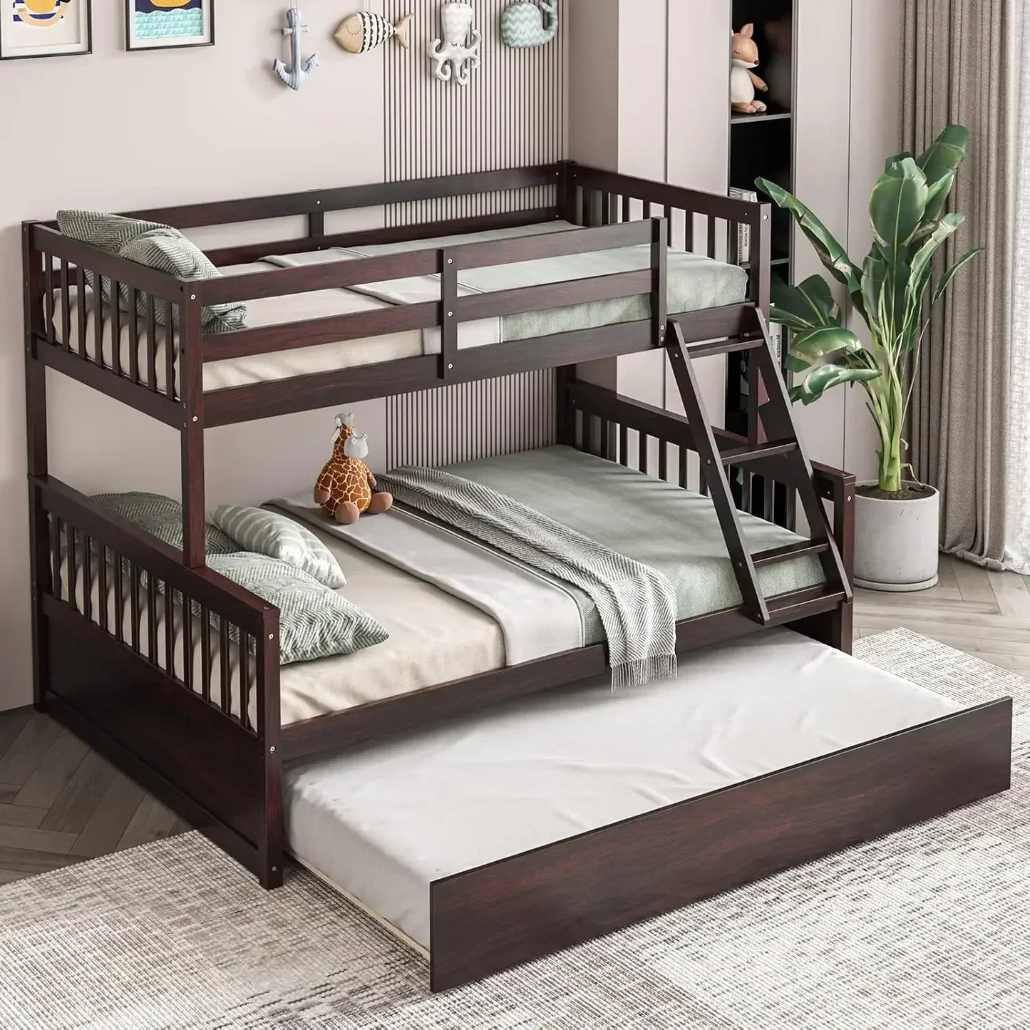 Twin Over Twin Bunk Bed with Trundle, Convertible Platform Bed Frame with Ladder & Solid Wood Frame, No Box Spring Needed, White