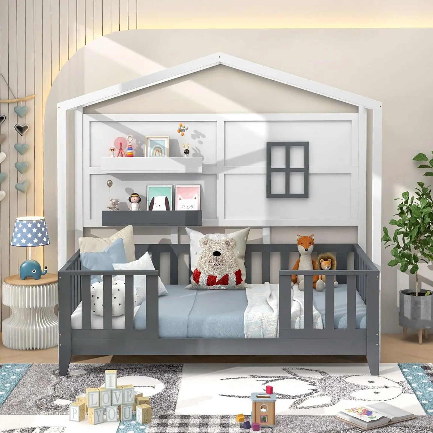 Lit simple pour enfants, cadre Montessori en bois massif avec 2 étagères de rangement, clôture et toit, lit simple bas pour enfants, pas besoin de sommier