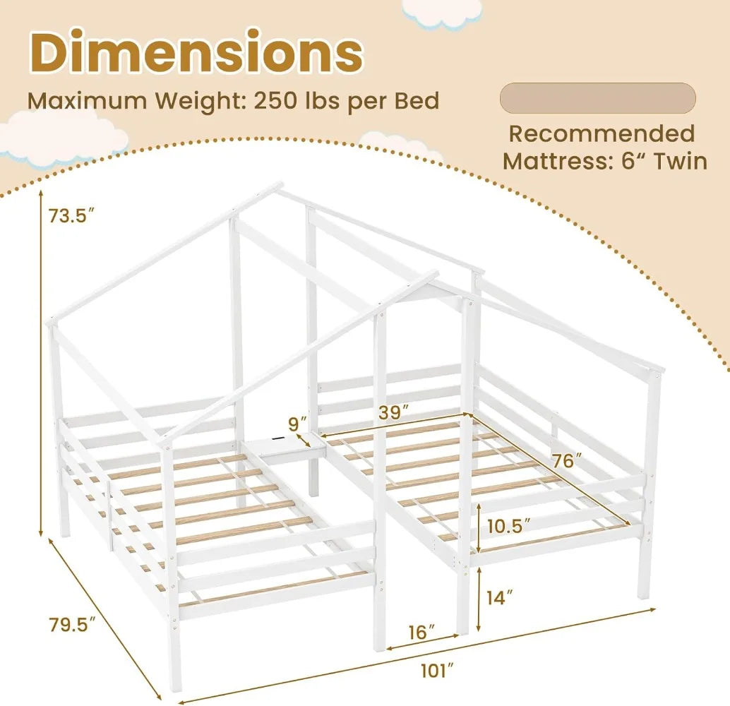 Cadres de lit jumeaux pour enfants, plate-forme en forme de maison en bois avec table de nuit intégrée et port USB, 2 lits partagés pour adolescents, garçons et filles