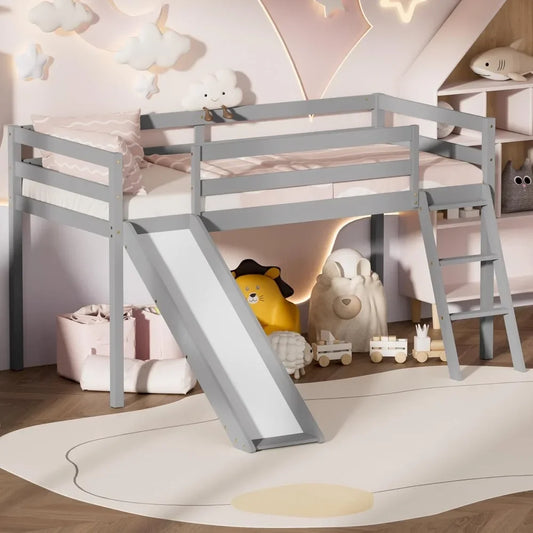 Lit mezzanine bas avec toboggan, cadre de lit mezzanine simple en bois avec échelle d'escalade et espace de rangement pour enfants et tout-petits