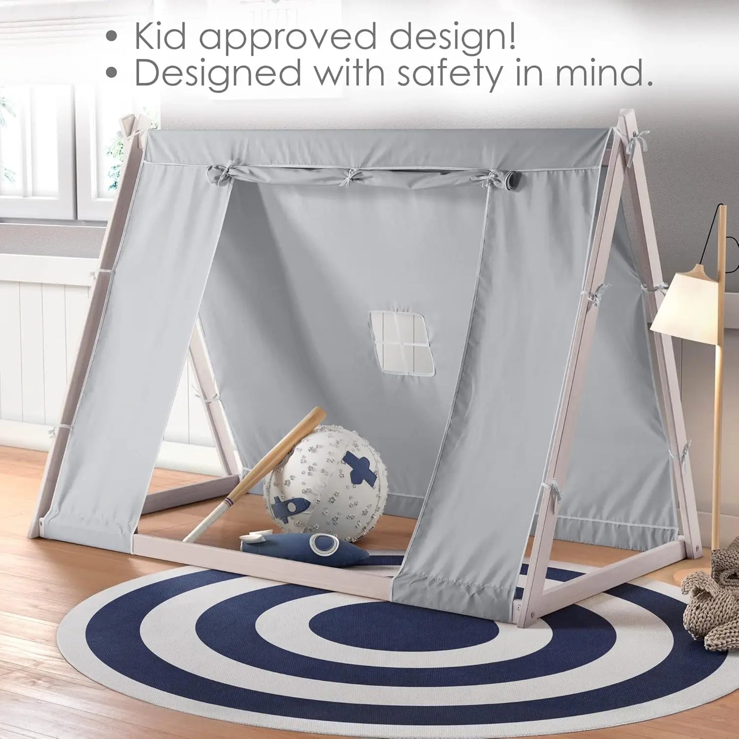 New Tent Twin Floor Bed - Natural or White Frame, Grey Tent, Children’s Bedroom Furniture … (White Frame)