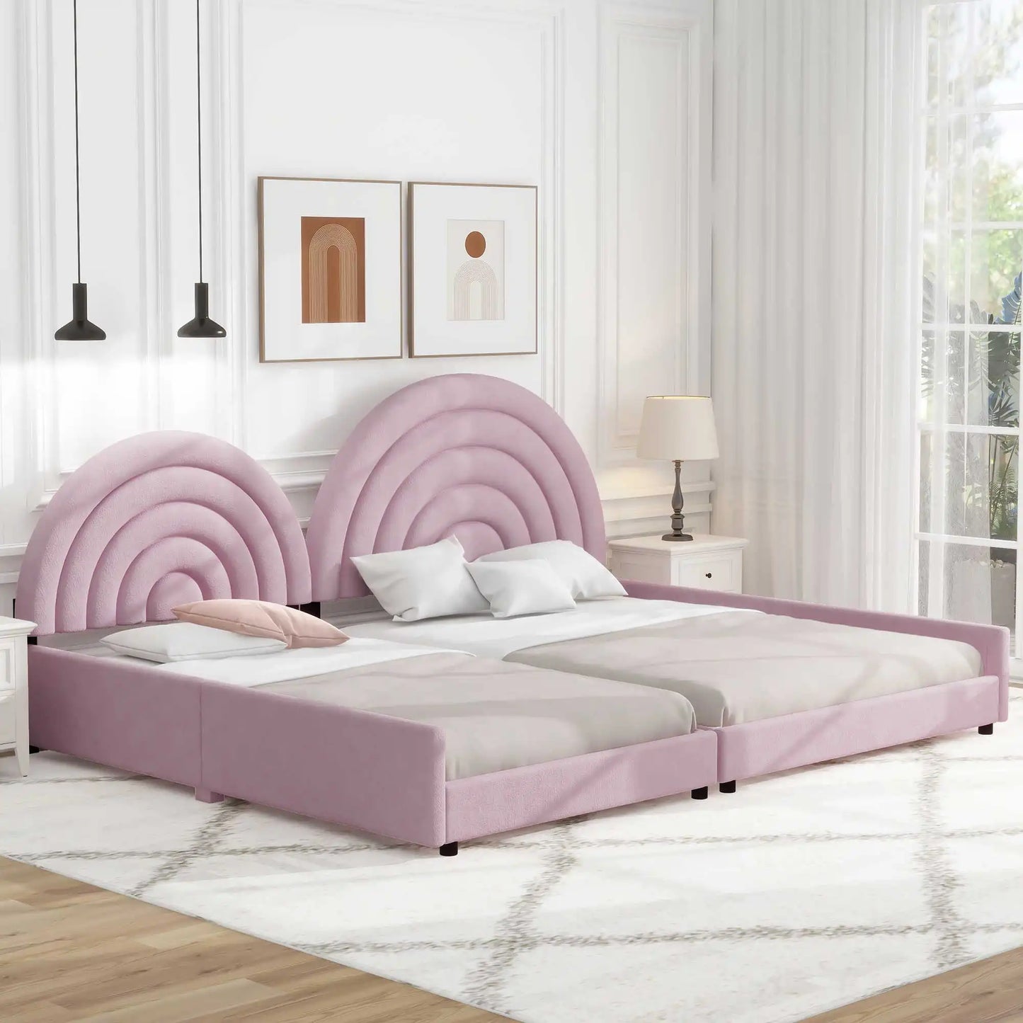 Lit plateforme rembourré double et pleine grandeur Deux lits de repos séparés pour enfants, adolescents et adultes Rose Style moderne et confort traditionnel