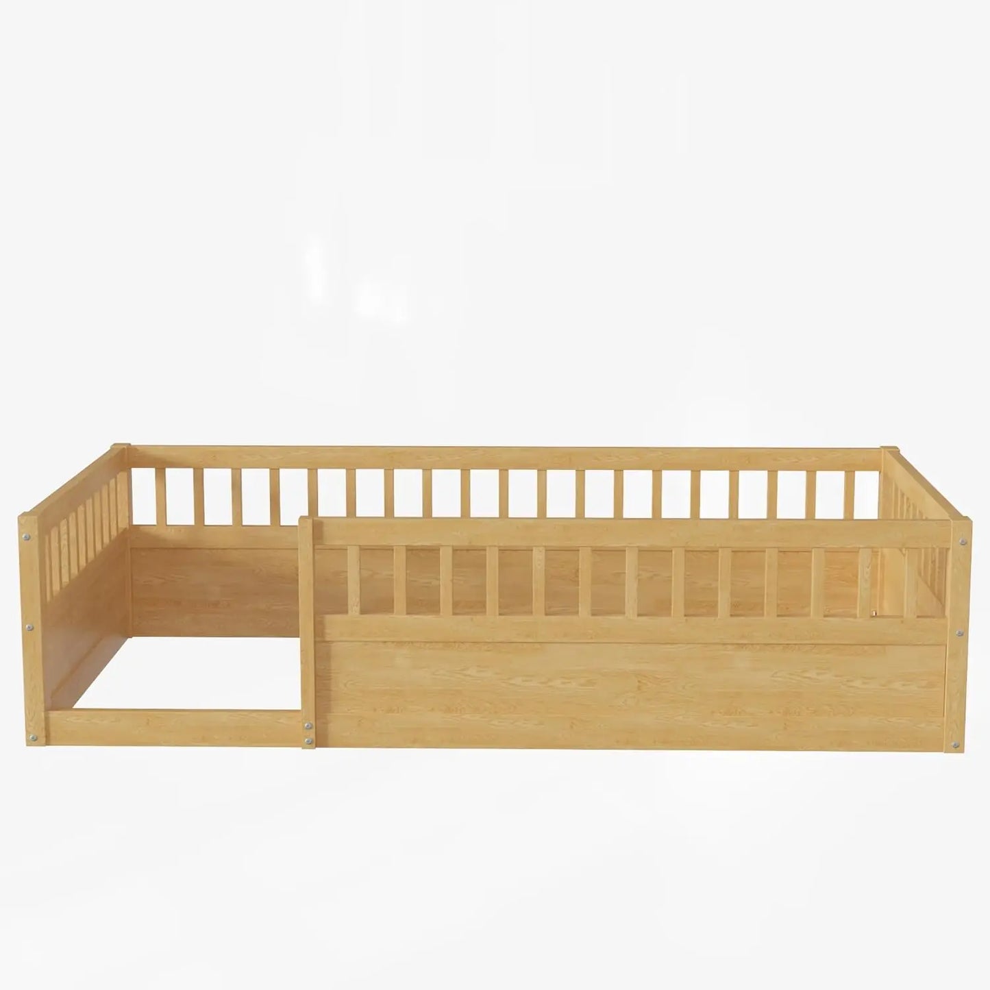 Lit double Montessori avec clôture, cadre de lit au sol pour tout-petits avec rails hauts pour chambre d'enfants, tout-petits, garçons et filles,