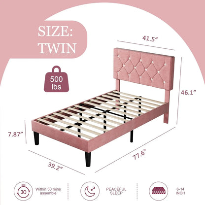 Twin Size Bed Frame, Upholstered Platform with Adjustable Diamond Tufted Headboard, Wood Slat Support, No Box Spring Need