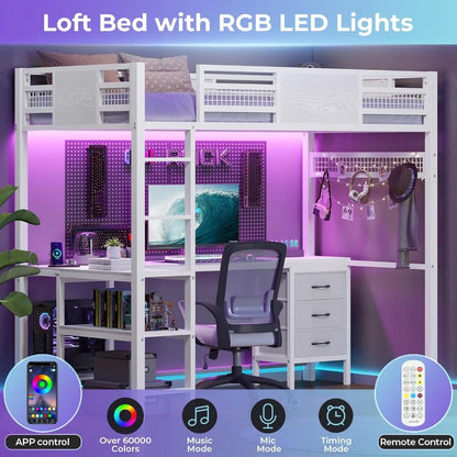 Cama loft doble con escritorio en forma de L, estructura de cama doble de metal con luces LED y estación de carga, 3 cajones de tela, estantes de 2 niveles