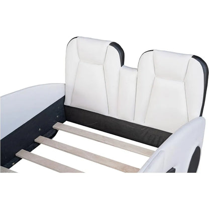 Cama de coche de carreras de tamaño doble para niños, marco de cama de coche genial con ruedas para niños, cama doble para niños con forma de coche de carreras y barandilla para niños