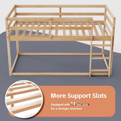 Low Bunk Bed Twin Over Twin, Floor Bunk Bed with Ladder, Twin Bunk Bed with Full Guardrails