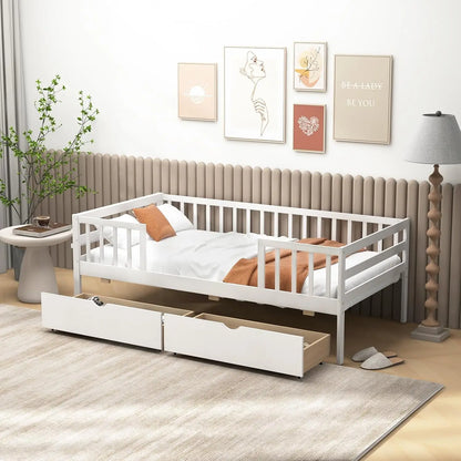 Komfott Wood Twin Kids Bed Frame With 2 Pull-Out Drawers & Side Shelf, Twin Bed Frame With Fence Railings, No Box Spring Needed