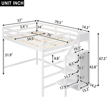 Cadre de lit mezzanine blanc pleine grandeur avec escalier et armoire de rangement, cadre de lit mezzanine complet en bois avec étagère de rangement, mezzanine haute