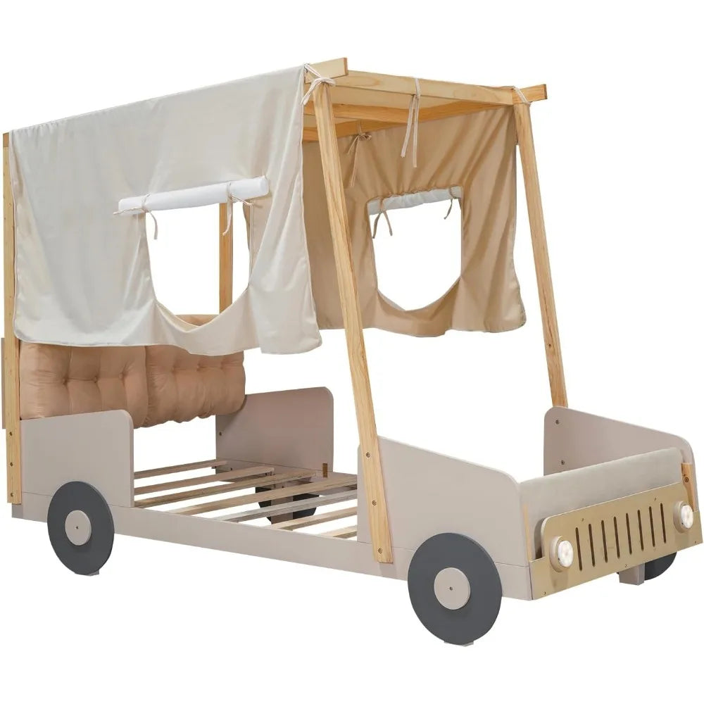 Lit double pour voiture avec oreiller et éclairage LED en forme de phares de voiture, cadre de lit en bois pour enfant avec tissu de plafond et porte-revues, naturel