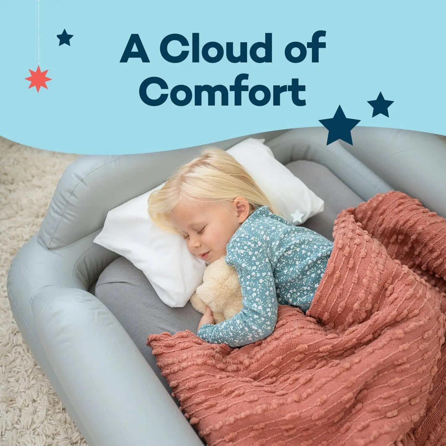 Cama de viaje inflable para niños pequeños SlumberTot: colchón de aire portátil para niños con protectores de seguridad, tamaño perfecto ideal para