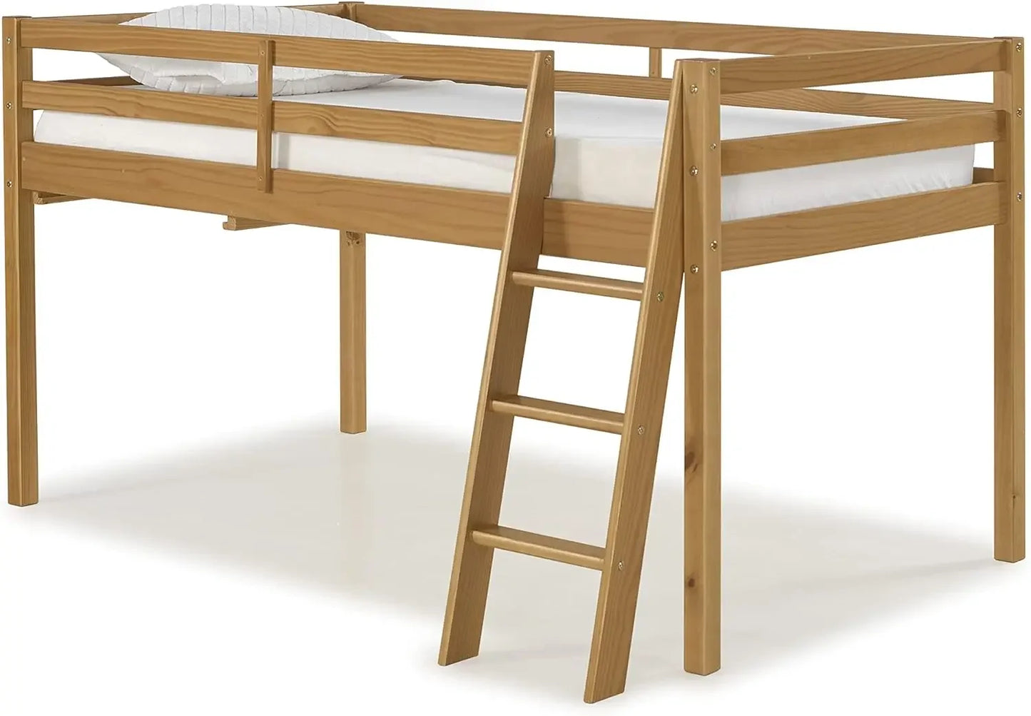 Cama alta de madera tamaño twin junior, acabado canela, estructura de madera resistente para niños, incluye escritorio lateral incorporado y estantes abiertos para