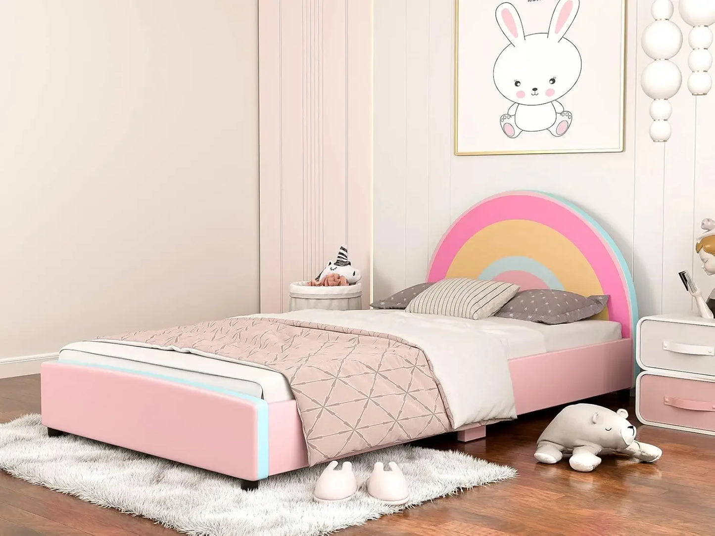 Twin Bed Frames for Kids, Princess Upholstered Girls Twin Platform Bed with Rainbow Headboard, Solid Wood Slats, No Box S