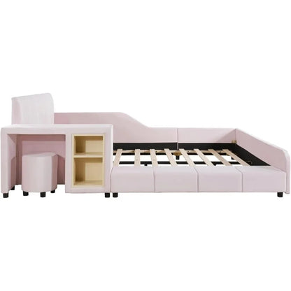 Modern Full Size Upholstered Grounded Bed Mother & Child Bed Velvet Fabric Upholstered Floor Platform Bed with Bedside Desk