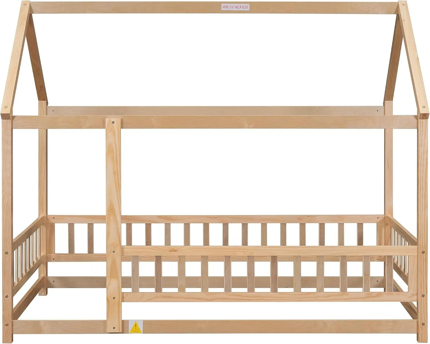 Cama de tamaño casa para niños y niñas, cama Montessori de madera con valla y techo, fácil de montar, no necesita somier, color natural