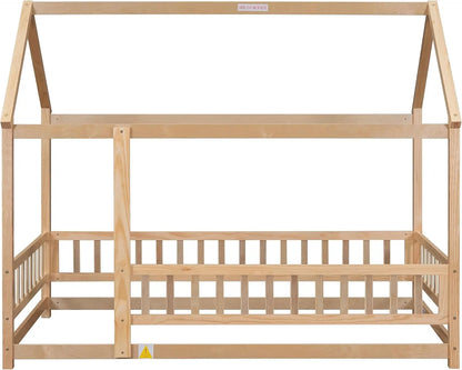 Cama de tamaño casa para niños y niñas, cama Montessori de madera con valla y techo, fácil de montar, no necesita somier, color natural