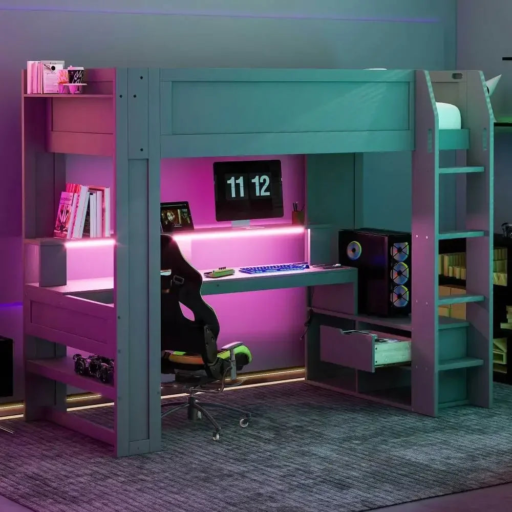 Wood Full Size Gaming Loft Bed Desk, Multi-storage Shelves,LED and Charging Station,Dark Gray Kids Bed Boys Bed Children's Beds