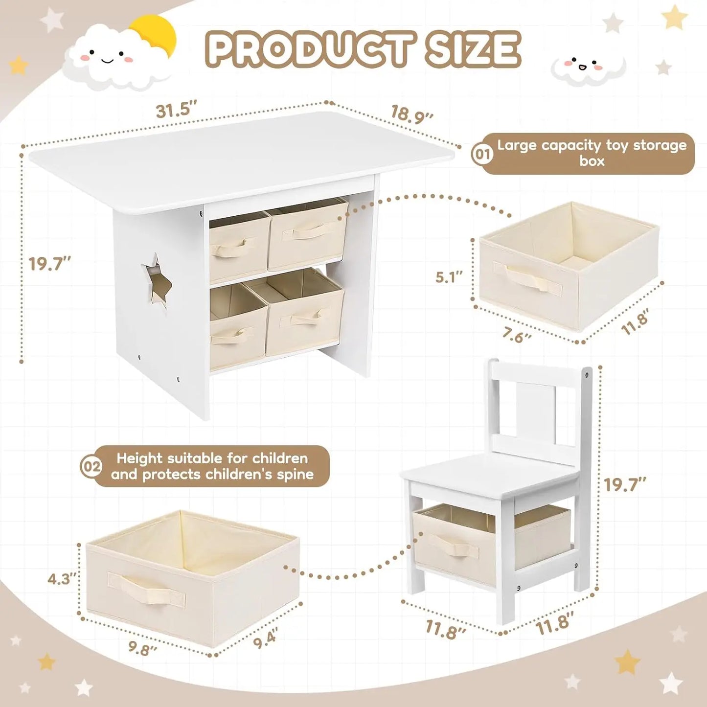 Ensemble table et chaises (2 chaises incluses), ensemble table et chaises en bois pour tout-petits avec 6 bacs de rangement, meubles pour enfants