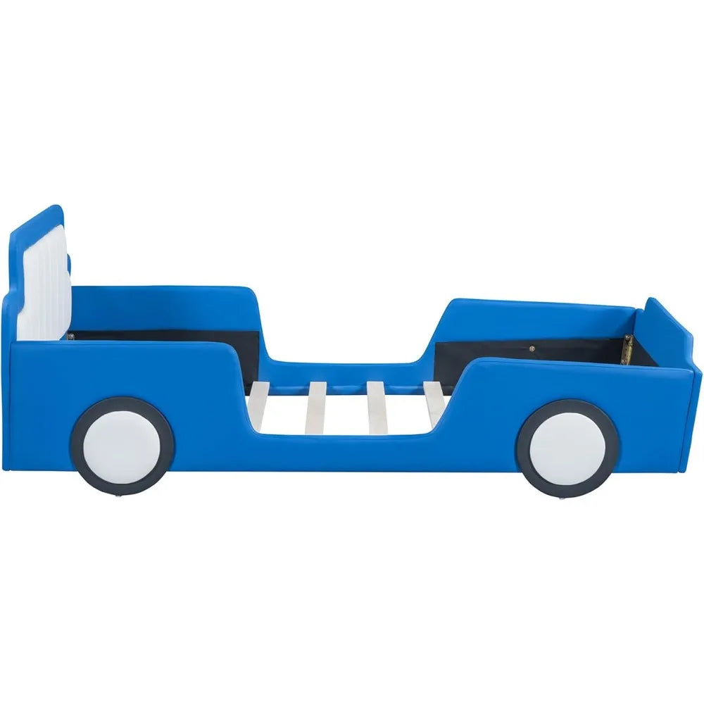 Cadre de lit de voiture en cuir PU pour garçons, taille double, cadre de lit pour enfants avec tête de lit, convient au matelas double standard (sans matelas)