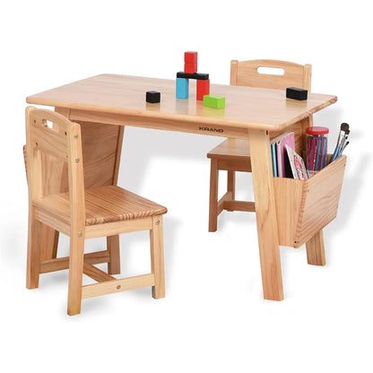 Juego de mesa y 2 sillas de madera maciza KRAND Kids con almacenamiento Juego de escritorio y silla para niños pequeños Mesa de actividades (madera maciza)