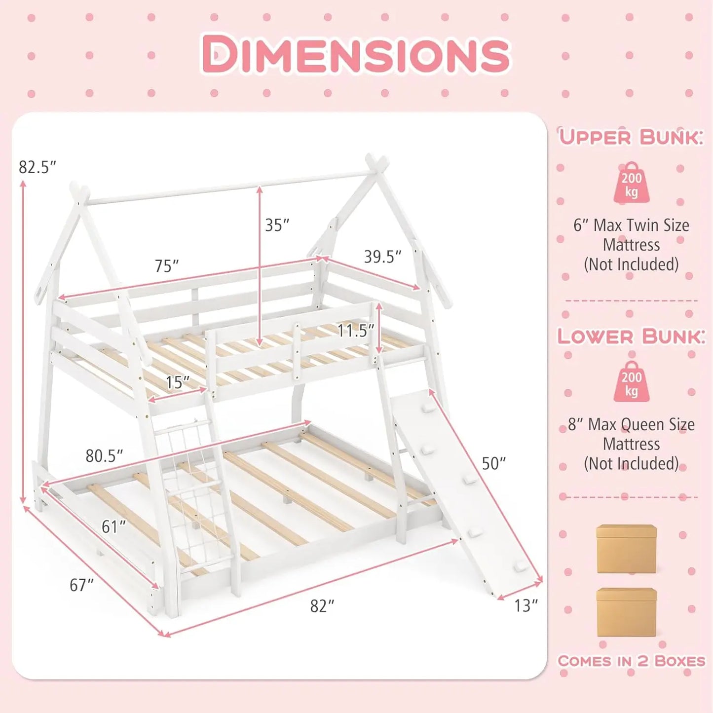 Twin Over Queen Bunk Bed, House Shaped Bed Frame with Climbing Nets and Ramp, Safety Guardrail, No Box Spring Needed