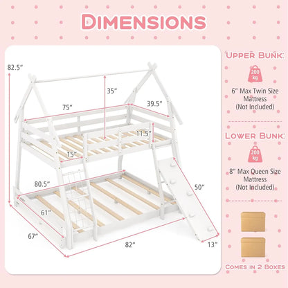 Twin Over Queen Bunk Bed, House Shaped Bed Frame with Climbing Nets and Ramp, Safety Guardrail, No Box Spring Needed