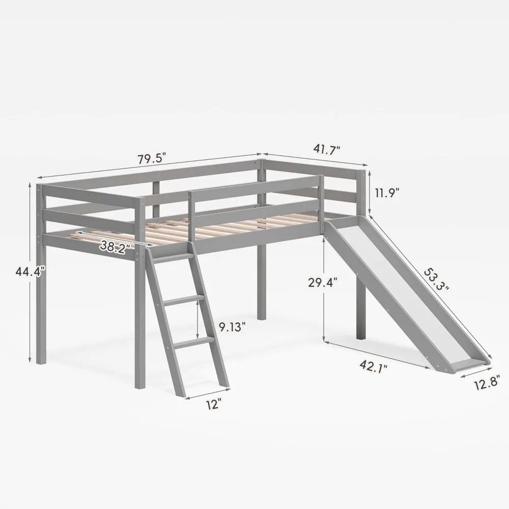 Cama alta doble, cama alta para niños pequeños con tobogán, escalera para trepar y barandilla de seguridad, espacio de almacenamiento inferior para niños pequeños