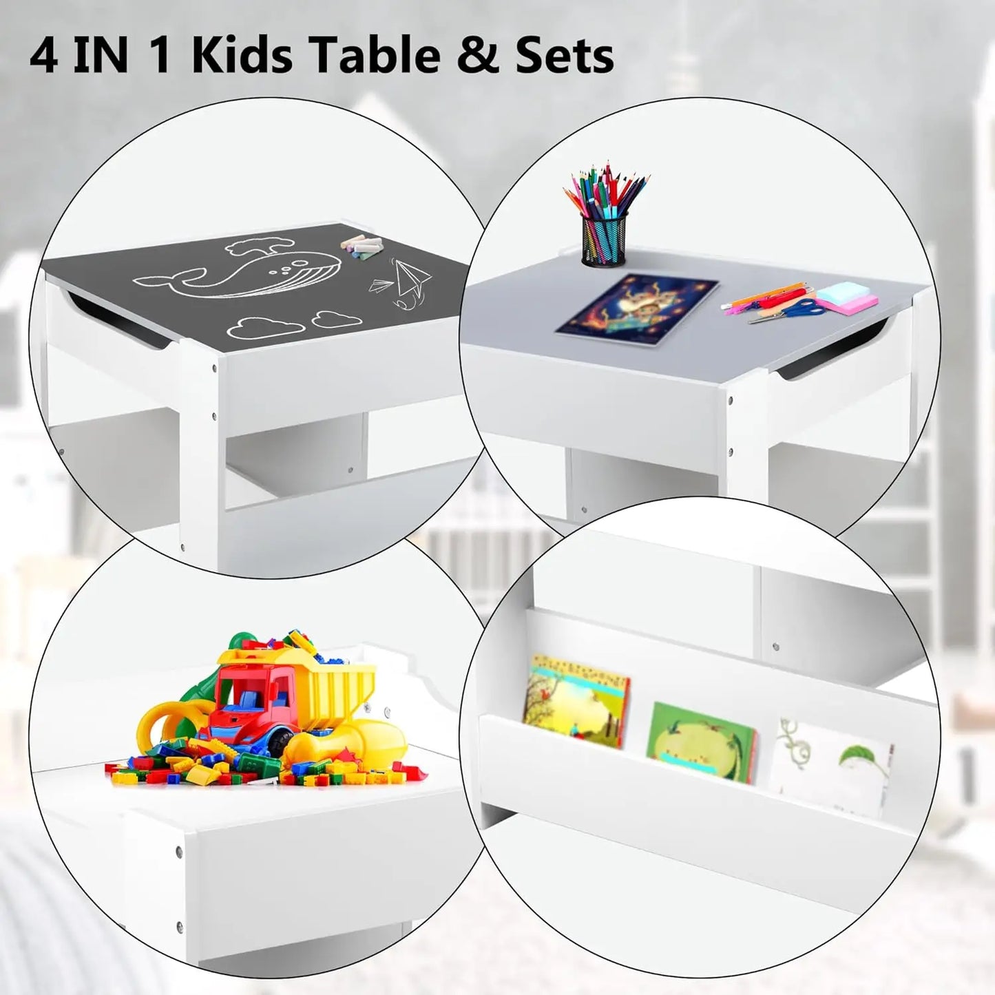 Kinder King Kids Wood Table & 2 Chairs Set, 4 in 1 Children Activity Table w/Double Bookcase, Blackboard, Toddler Furniture Set