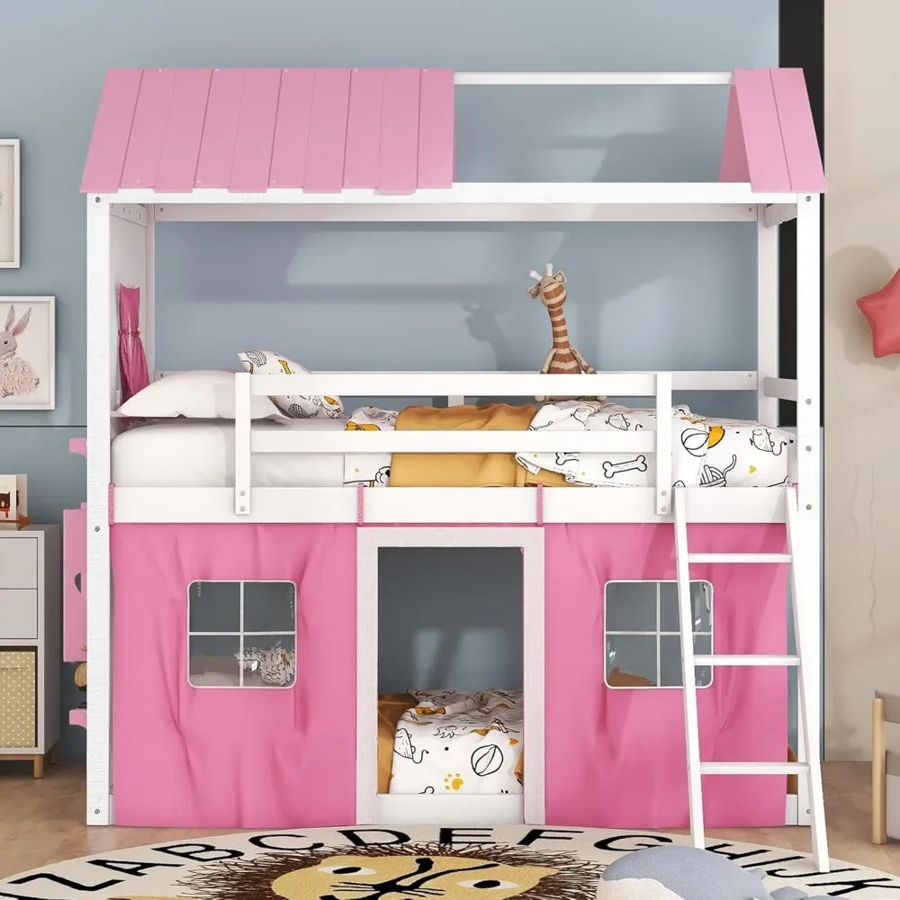 Twin Loft Bunk Bed with Tent, Kid Loft Bed with Ladders Guardrail Windows and Roof, Wood Twin Over Twin Bunk Beds for Kids