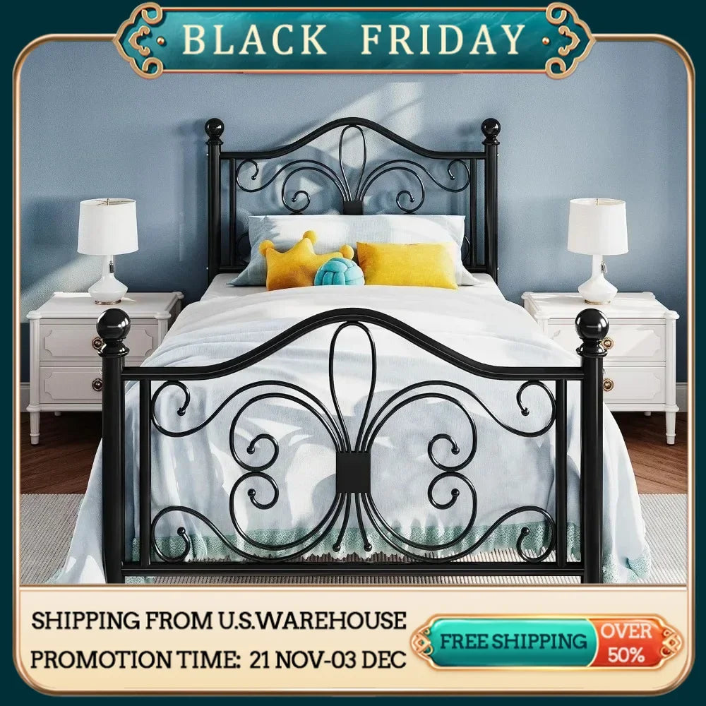 Twin Size Bed Frame for Kids,Metal Bed Frame with Butterfly Pattern Design Headboard and Footboard,No Box Spring Needed