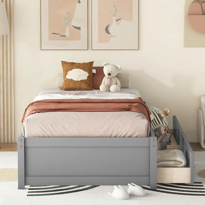 Marco de cama de tamaño individual con 2 cajones de almacenamiento, cama individual para niños, plataforma de madera maciza para niños, adolescentes y adultos, color gris