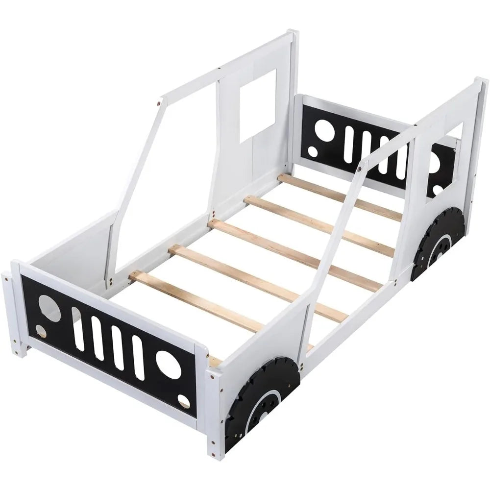 Twin Size Kids Bed, Classic Car-Shaped Platform Bed with Wheels, Wood Twin Floor Bed for Kids Boy Girls, Lightning McQueen Bed