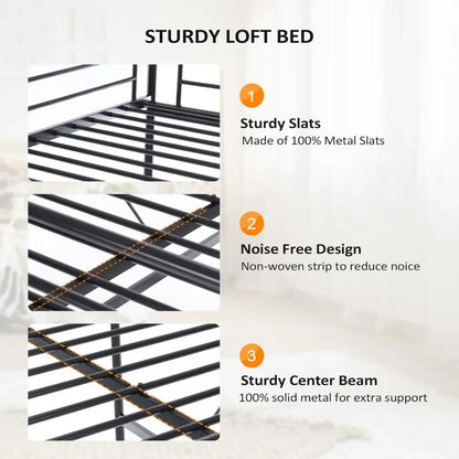 Loft Bed with Flat Rungs for Adults, Kids and Young Teens, No Box Spring Required,Heavy Duty Metal Slat Support