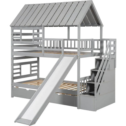 Kids Twin Over Twin Bunk Beds with Slide and Trundle, Bed Frame with Stairs and Storage, Playhouse Bunk Bed with Roof and Window