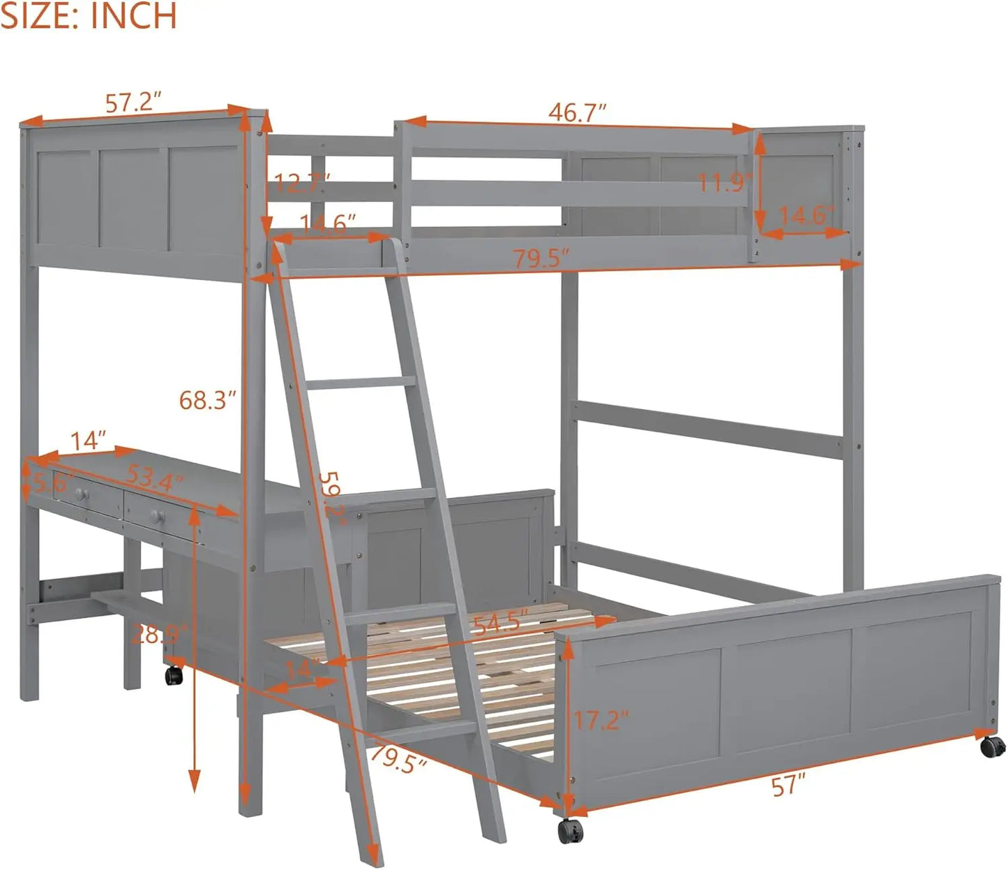 Litera moderna de dos cuerpos con escritorio y cajón, cama de plataforma completa en forma de L con ruedas, estructura de litera de madera maciza con escalera